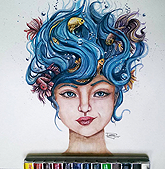 Grafite de mulher de cabelo azul